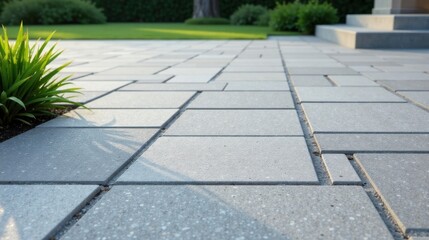 Fototapeta premium A sunlit gray paving stone patio with neatly placed green foliage beside it