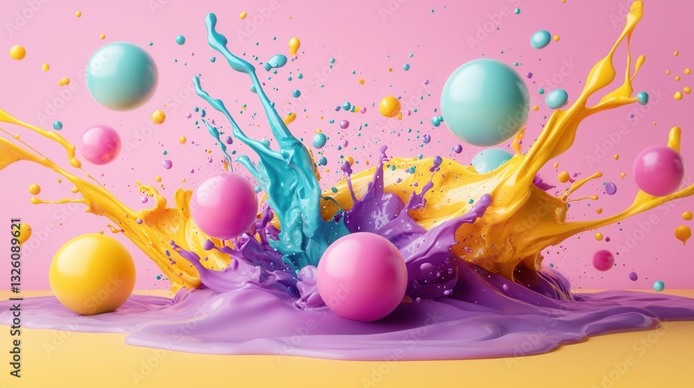Poster a vibrant and dynamic image featuring a surreal explosion of colorful party spheres fluid paint spla
