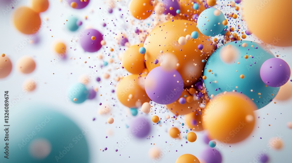 Poster vibrant and dynamic digital render of colorful ethereal spheres and particles floating and moving in