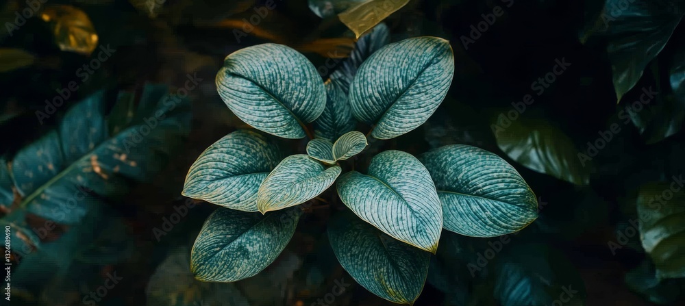 Poster top view close up of lush foliage in tranquil green color scheme with copy space available