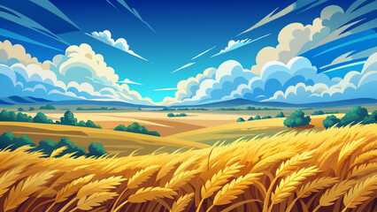 Wide landscape view of a golden wheat field under a vibrant blue sky with large, fluffy clouds scattered across the horizon. © williamnoah