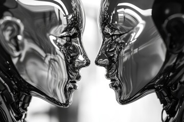 Reflective Robot Faces in Black and White Close-Up View