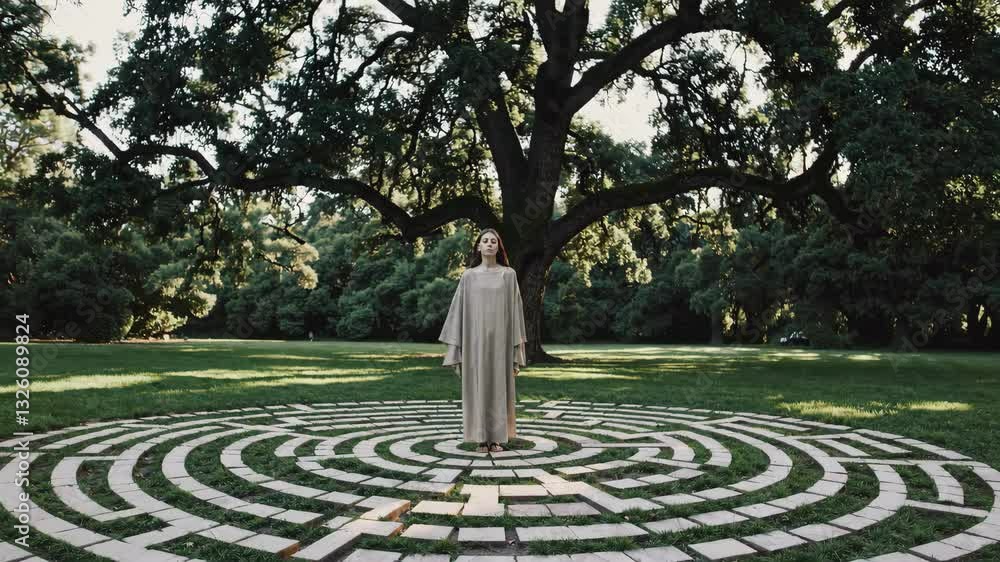 Poster serene figure explores a maze under a large tree in a tranquil park setting