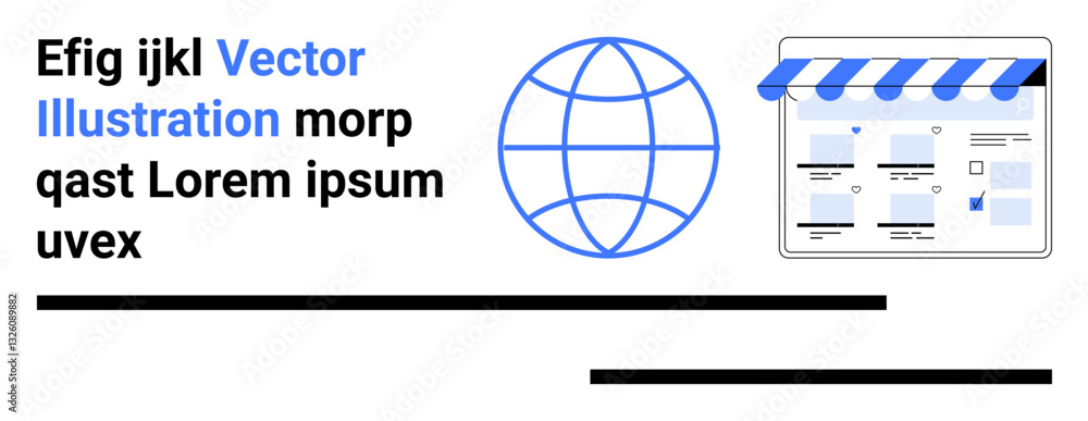 Poster blue globe icon next to a storefront mockup with navigation elements and abstract text. ideal for di