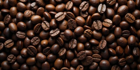 Fototapeta premium Aromatic Roasted Coffee Beans Background Texture Rich Brown Tones and Subtle Variations in Shape and Size, Ideal for Beverage Packaging or Culinary Themes