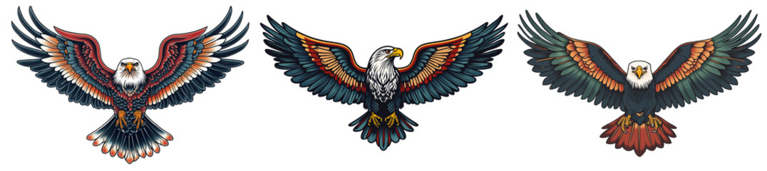 Set of a traditional American tattoo-style eagle with spread wings, isolated on a transparent background.