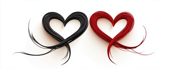 Obraz premium Two Intertwined Heart Shapes in Black and Red Lines on a White Background, Representing Love and Unity for Various Designs