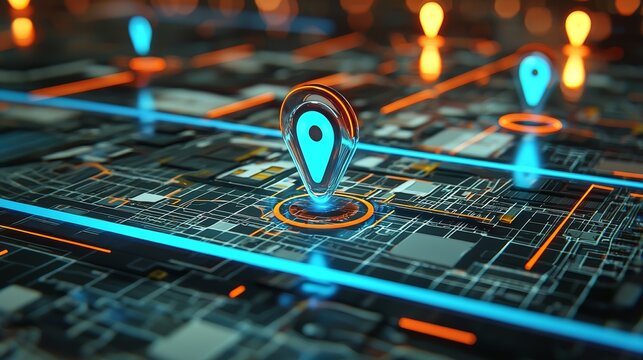 A digital map with location markers and glowing lines, depicting navigation or mapping technology in a modern urban environment.