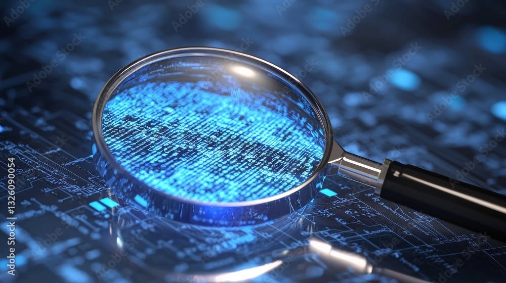 Poster a magnifying glass focusing on digital data, illustrating the concept of data analysis and technolog