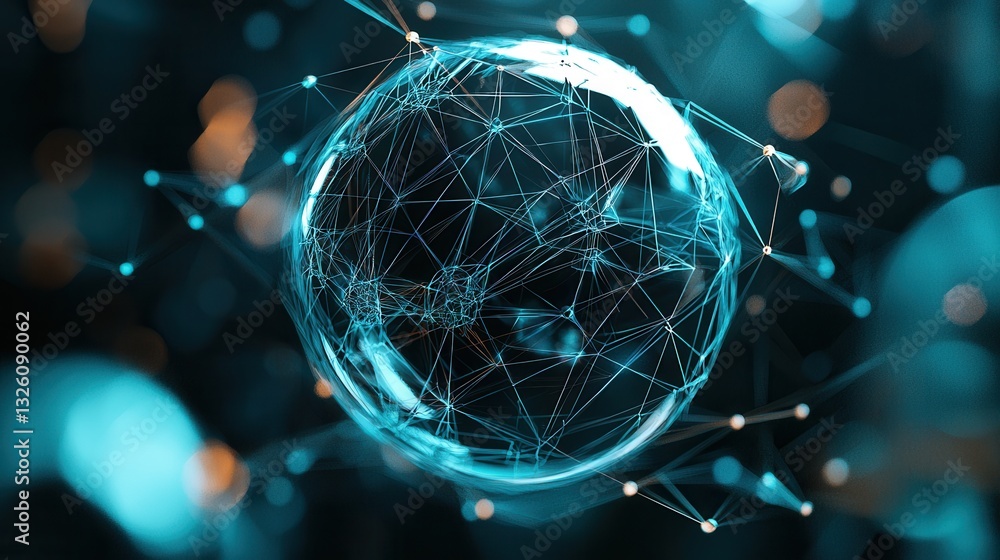 Poster a digitally rendered futuristic 3d sphere with a complex interconnected wireframe structure in shade