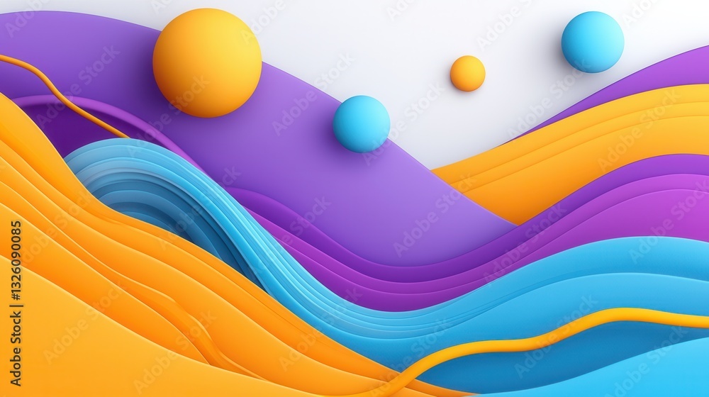 Poster vibrant and dynamic abstract 3d composition featuring fluid organic shapes and waves in a playful vi
