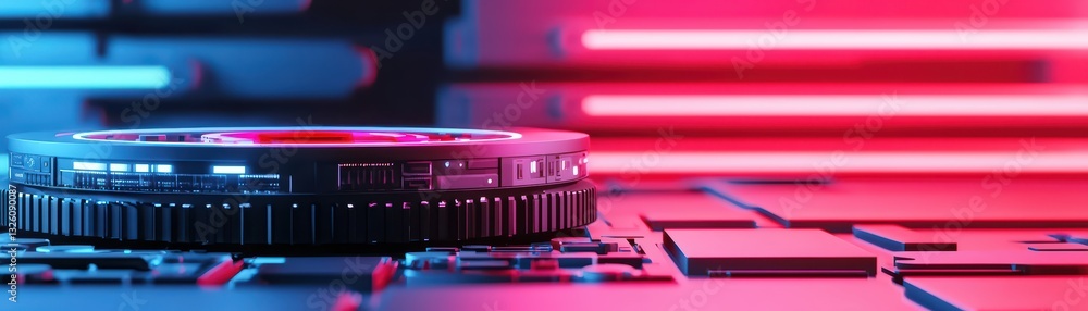 Poster advanced cyber physical systems concept in 3d with futuristic stage design and neon lights