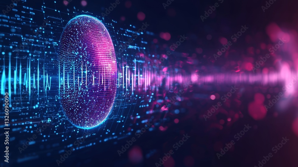 Poster a vibrant digital visualization featuring sound waves and an abstract sphere, representing technolog