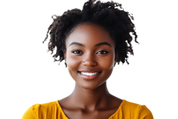 Bright smile from young woman with curly hair