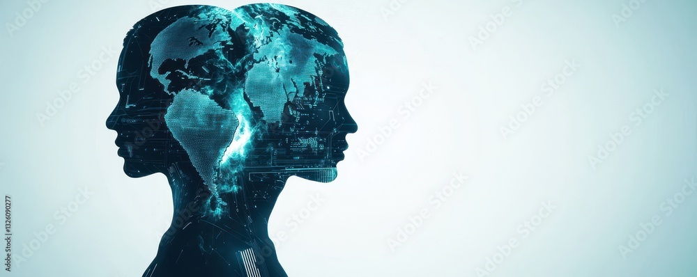 Poster a digital representation of two human profiles merged, showcasing a world map and digital elements, 