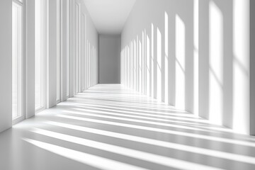 Minimalist Hallway Perspective White Interior, Sunlight, Shadows, Architecture, Empty Space, Clean Design.