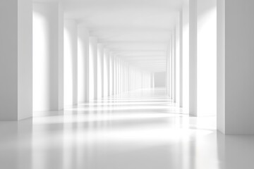 Perspective view Minimalist white corridor with pillars. Architectural abstract, bright light, empty space, infinite, modern, building interior.