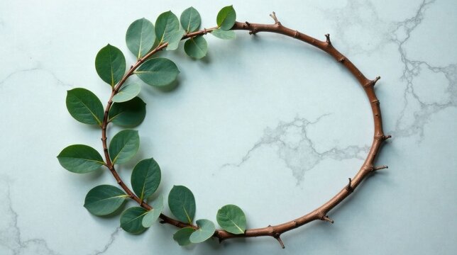 A natural twig circle adorned with vibrant green leaves rests on a light marble surface