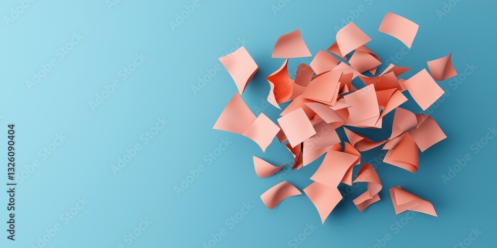 Poster a cluster of torn, pink paper pieces scattered against a light blue background, creating a colorful 