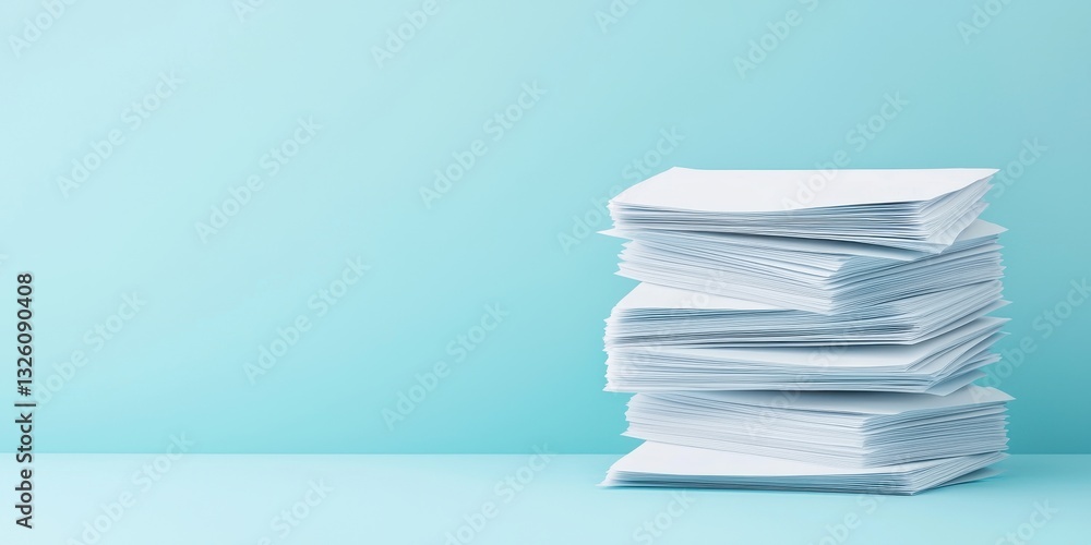 Poster a neat stack of white paper sits against a soft blue background, creating a minimalistic and clean a