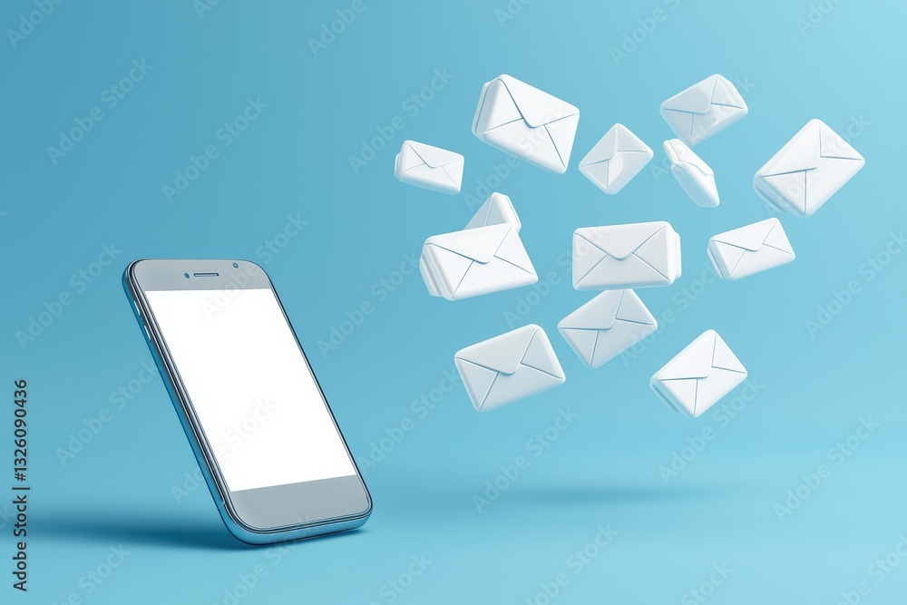Poster digital messaging concept with 3d rendered email icons and a smartphone on a blue background