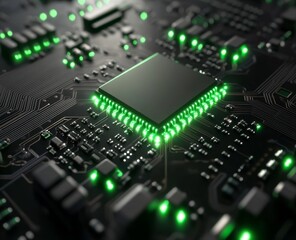 Obraz premium High-Tech Microprocessor Chip Embedded in a Complex Circuit Board with Glowing Green Connections, Exemplifying Modern Technological Advancement in Computing.