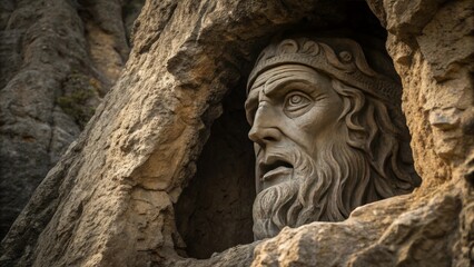 Obraz premium Carved Stone Face Emerging from Natural Rock Formation