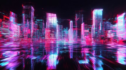 Fototapeta premium Neon cyberpunk glitch cityscape with distorted digital skyscrapers