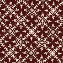 A refined ornamental pattern with intricate cream motifs on a rich maroon base. This symmetrical design brings a regal, antique, and decorative atmosphere, perfect for traditional and artistic decor.
