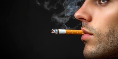 Close-Up, Low Key Portrait of a Young Man Smoking a Cigarette Against a Black Background