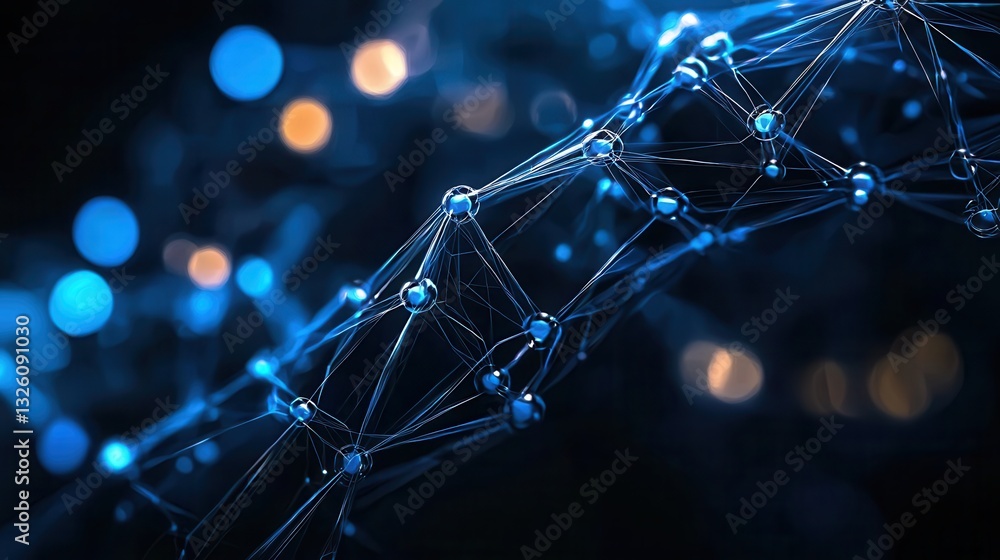 Poster an abstract digital background featuring a complex grid like network structure in shades of dark blu