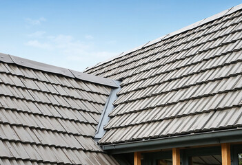 Obraz premium Modern roof covered with tile effect PVC coated black metal roof sheets