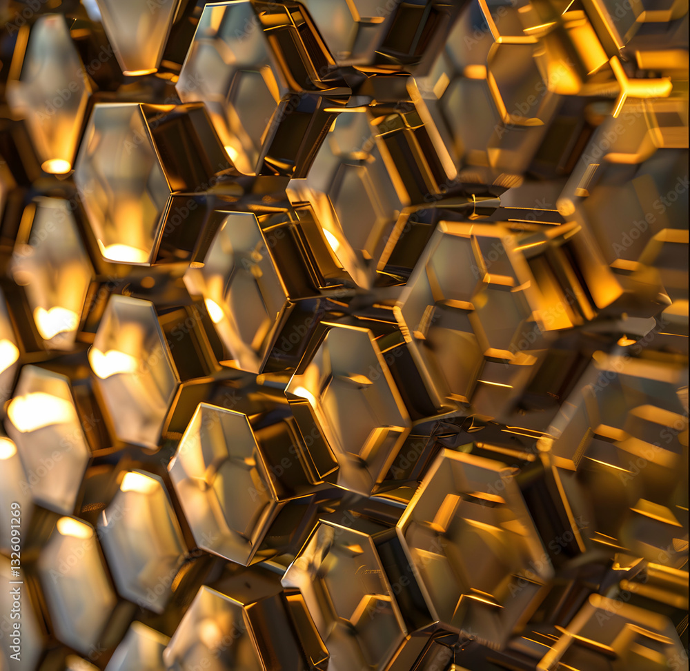 Poster a stunning pattern of interconnected glass-like hexagons with golden reflections, creating an elegan