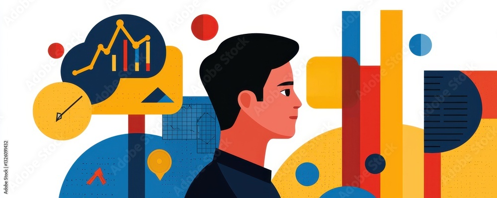 Poster A stylized illustration of a young man with a thoughtful expression, surrounded by colorful abstract shapes and symbols representing growth and analytics.