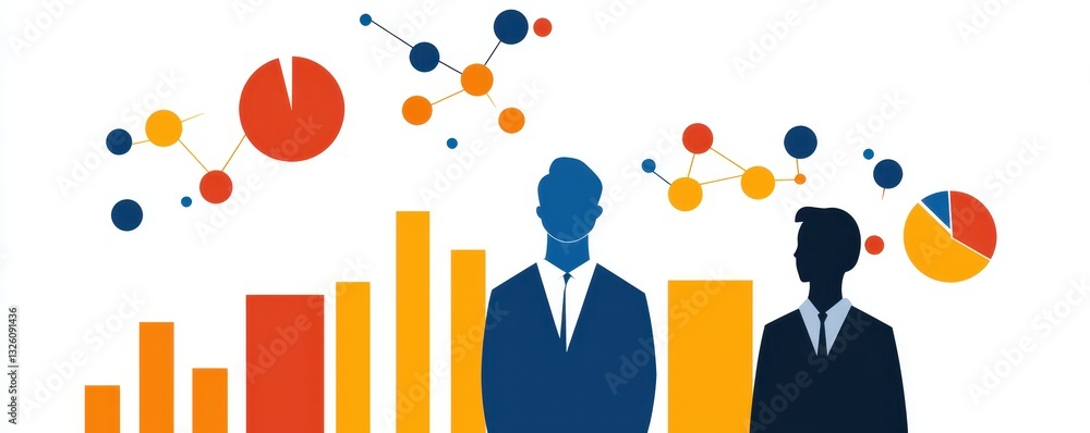 Poster Two silhouetted figures stand before colorful graphs and data points, representing analytics and business growth.