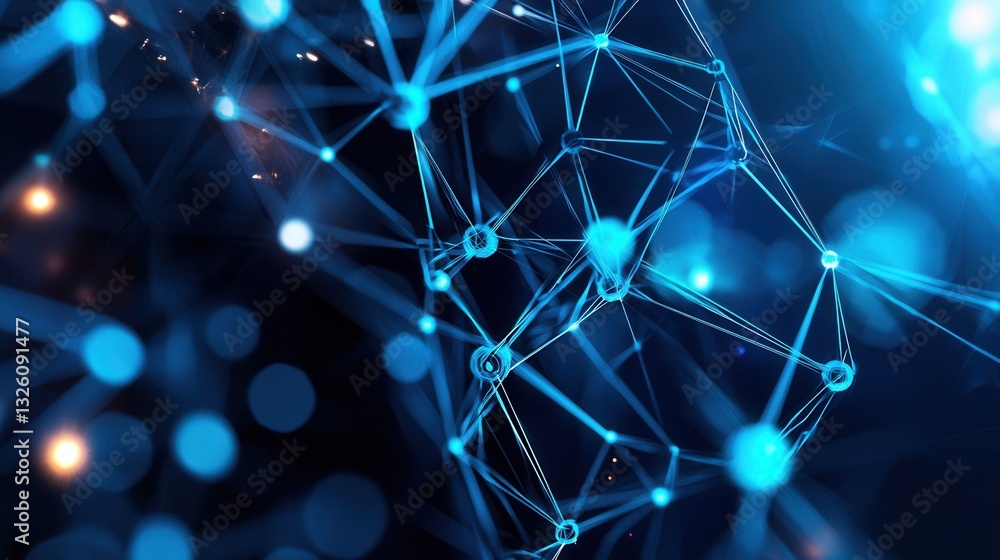 Poster a futuristic digital abstract image featuring a complex interconnected grid structure in shades of d