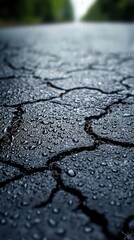 Obraz premium Rainy wet road landscape with puddles reflecting surroundings in a gloomy atmospheric setting