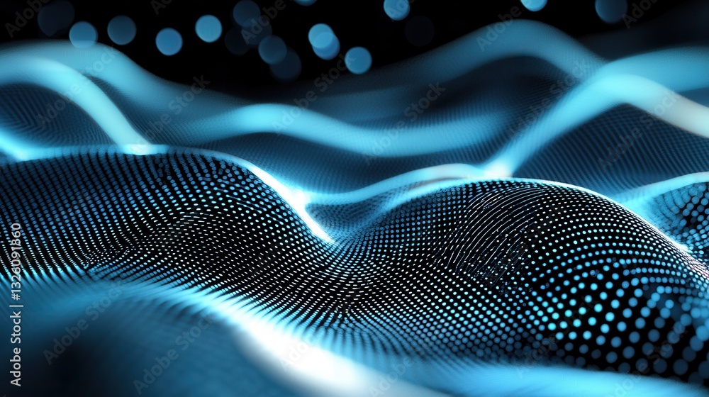 Poster an abstract digital composition featuring a dynamic flow of glowing blue waves and particles represe