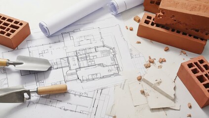 Construction plans are spread out on a table surrounded by bricks and tools used for masonry. This setup showcases preparation for a building project requiring detailed planning