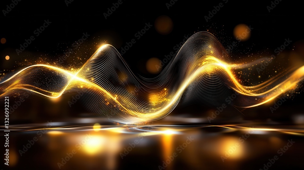 Poster mesmerizing abstract composition with dynamic undulating golden neon waves creating a futuristic tec