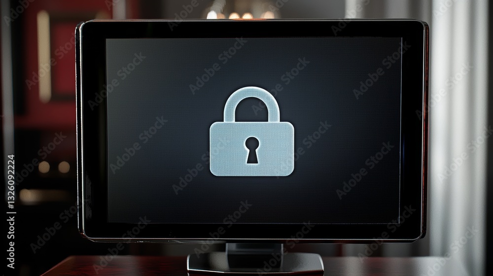 Poster a computer screen displays a padlock icon, indicating a locked system or secured information.