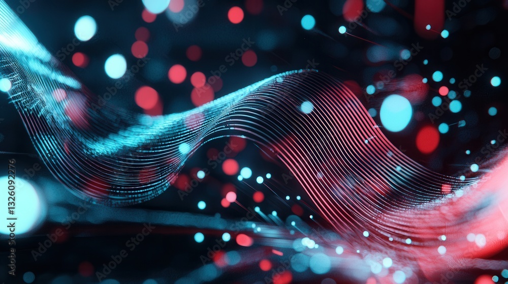 Poster captivating abstract digital art with fluid colorful light waves and dynamic movement evoking a futu