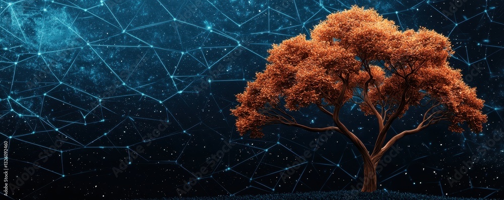 Poster a vibrant, stylized tree stands against a cosmic backdrop, blending nature with digital elements, sy