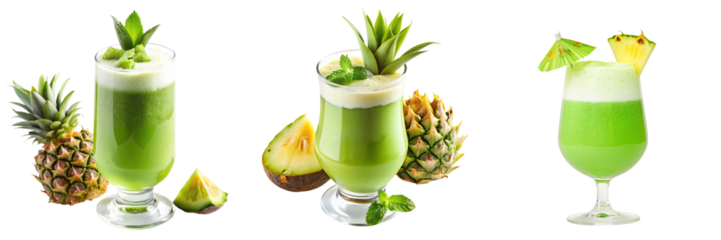 Three vibrant green cocktails garnished with fruits, showcasing a refreshing tropical theme.