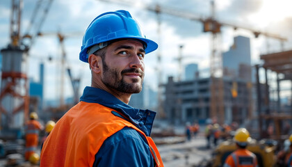Fototapeta premium portrait of a worker wearing a blue hard hat