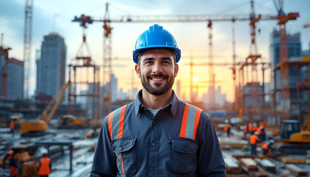 portrait of a worker wearing a blue hard hat