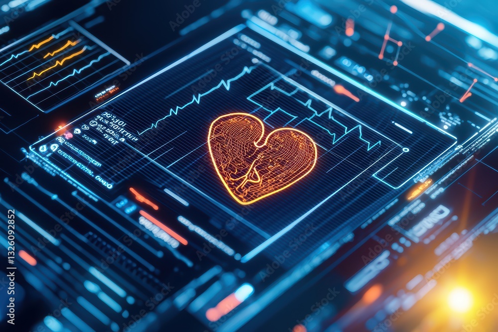Poster futuristic healthcare concept with holographic interface displaying heart monitor data