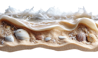 Ocean wave with shells on sandy beach shore line