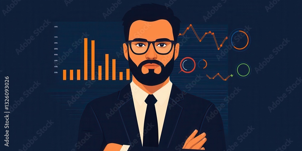 Poster a professional man with glasses stands confidently, surrounded by data graphs, representing analytic