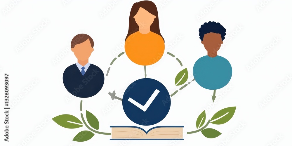 Aufkleber A graphic representation of three individuals connected by a checkmark and a book, symbolizing collaboration and knowledge sharing.